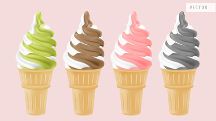 collection of soft serve ice cream vector set, vanilla, chocolate, strawberry, matcha flavor