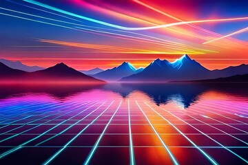 Retro landscape skyline with neon ,ray of light, grid, sunset and mountains. Sci-fi, futuristic illustration. Retrowave, synthwave or vaporwave 80's & 90's. Geomteric and nostalgic graphic design