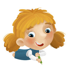 cartoon scene with young girl having fun resting and drawing leisure free time isolated illustration for kids