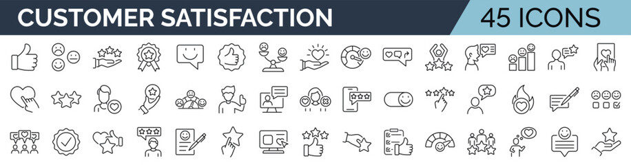 Set of 45 line icons related to customer experience, client satisfaction, review, feedback. Outline icon collection. Editable stroke. Vector illustration - 605326423