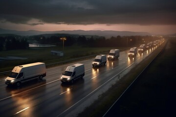 Convoy of Delivery Vans on Twilight Highway. AI - obrazy, fototapety, plakaty