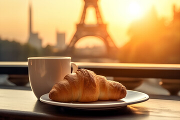 Croissant on plate with a cup of coffee in front of Eiffel Tower, Generative AI