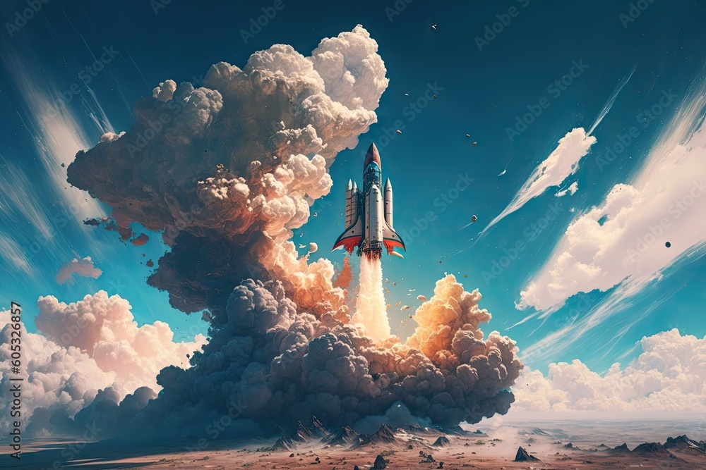 Canvas Prints rocket ship breaking the atmosphere, with view of blue sky and clouds visible, created with generati