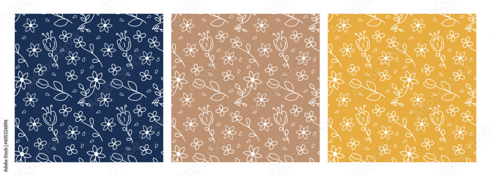 Aufkleber set of simple floral seamless patterns. doodle flowers endless texture on differents color backgroun