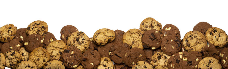 a heap of light and dark cookies  for banner, panorama or border on transparent background PNG file