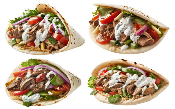 Collection of delicious pita gyros, cut out. Based on Generative AI