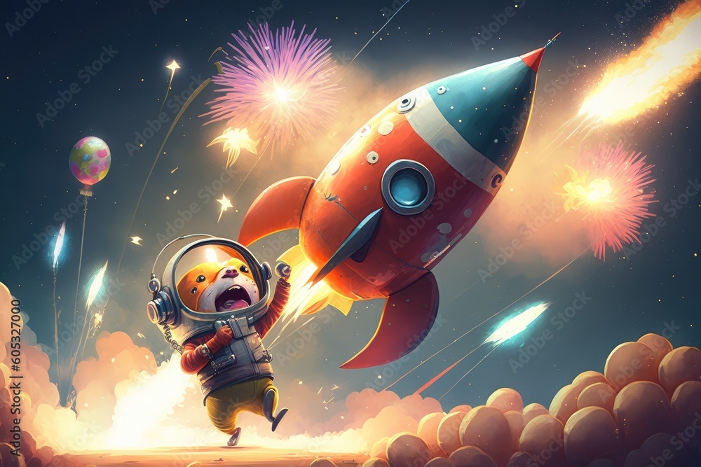 Wall mural cute rocket start, with fireworks display and music in the background, created with generative ai
