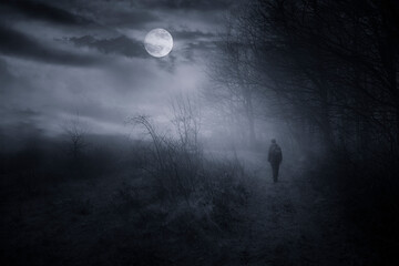 man walking on dark path in moon light at night - 605327462