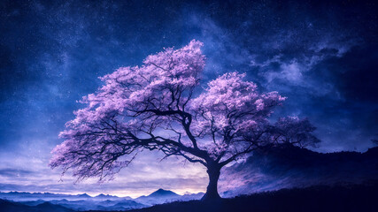 Fototapeta na wymiar Tree on the hill at night. Peaceful landscape scene. Generative AI.
