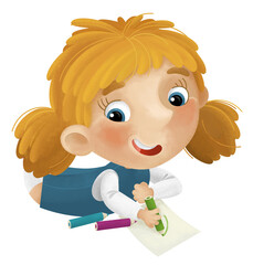 cartoon scene with young girl having fun resting and drawing leisure free time isolated illustration for kids