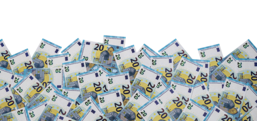 a heap of 20 euro banknotes on transparent background PNG file for banner, panorama or border