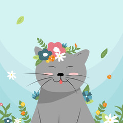 Cute happy cat with a flower wreath on his head
