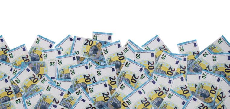 a heap of 20 euro banknotes on transparent background PNG file for banner, panorama or border