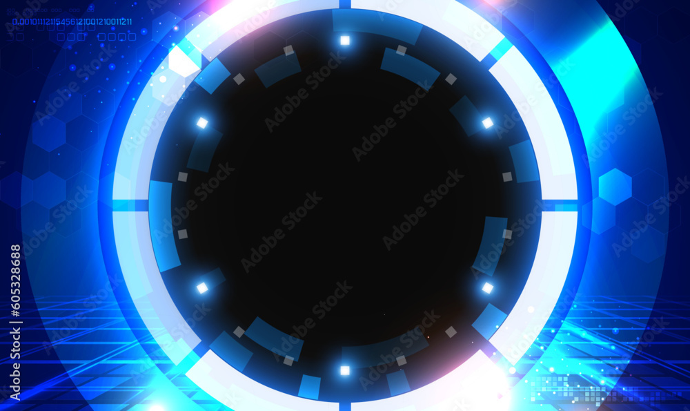 Poster abstract futuristic blue circle interface technology background. blue light circle center cyberspace