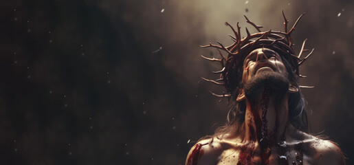 Jesus Christ crucified in a crown of thorns bloody, generative ai - obrazy, fototapety, plakaty