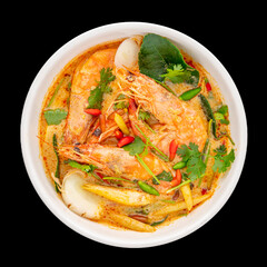 Tom Yum Goong, Tom Yum Kung, Thai food, hot and sour shrimp soup, creamy style in white ceramic bowl isolated on black background, square ratio, top view