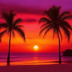 Naklejka na ściany i meble A vibrant sunset on the beach paints the sky with a symphony of colors