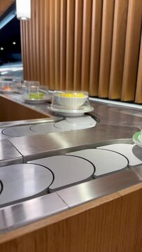Conveyor belt sushi or rotating sushi in a Japanese restaurant inside a food court restaurant in Bordoux France