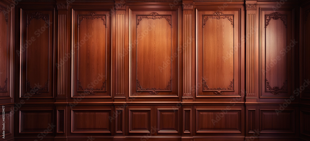 Wall mural Classic premium luxury wood paneling wall background or texture. Highly crafted traditional wood paneling wall and floor, with a frame and column pattern, Extra wide format. Hand edited generative AI.