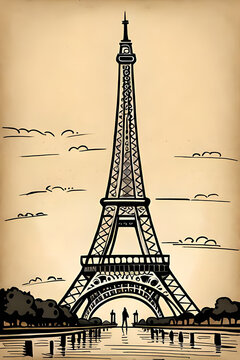 Eiffel Tower pencil drawing. AI generated illustration