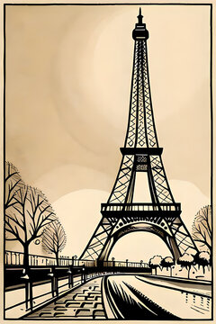 Eiffel Tower pencil drawing. AI generated illustration
