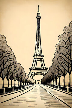 Eiffel Tower pencil drawing. AI generated illustration
