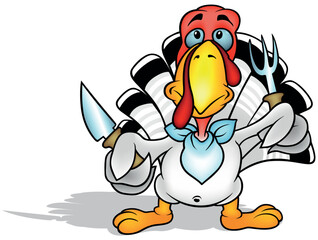 White Blue-eyed Turkey with a Yellow Beak Holding a Fork and Knife