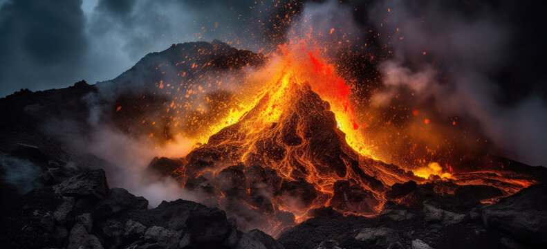 A volcano erupting. Eruption of a volcanic mountain, and red magma spewing out and flowing. Hand edited generative AI. 