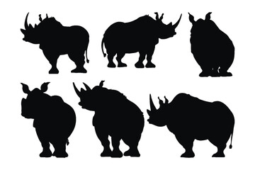 Rhino standing in different positions, silhouette set vector. Adult rhino silhouette collection on a white background. Wild dangerous animals like hippos or rhinos, full body silhouette bundles.