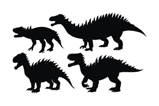 Dinosaur roaring in different positions, silhouette set vector. Big dinosaur standing silhouette collection on a white background. Historic carnivore animals full body silhouette bundles.