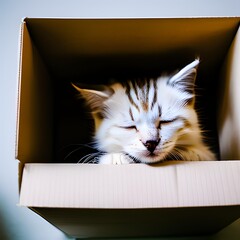 Beautiful white cat sleeping in a box. British Shorthair kitten sleep at home. Closeup pet.