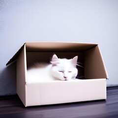 Beautiful white cat sleeping in a box. British Shorthair kitten sleep at home. Closeup pet.