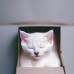 Beautiful white cat sleeping in a box. British Shorthair kitten sleep at home. Closeup pet.