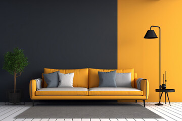 Stylish Modern Living Room Interior With Vibrant Yellow White Furniture and Yellow Dark Gray Wall Colors for Mockup Design - 8K Ultra High Resolution - Generative AI