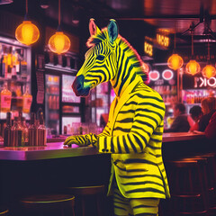 A zebra in a yellow suit stands at the bar. Colorful background. Generative AI.