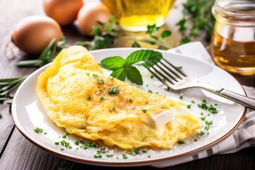 plate of perfectly cooked omelette with fresh herbs and cheese, created with generative ai - 605332255