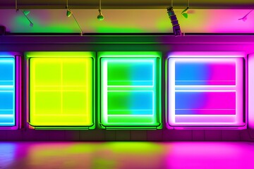 Printing fluorescent swatches, neon room exhibition hall, HP - generative ai
