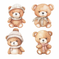 set of teddy bears on white background