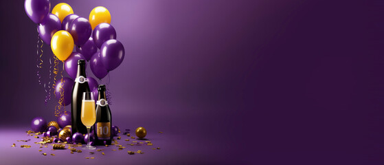 bottles of wine and wine glass surrounded by balloons and streamers on purple background party theme copy space web banner generative ai