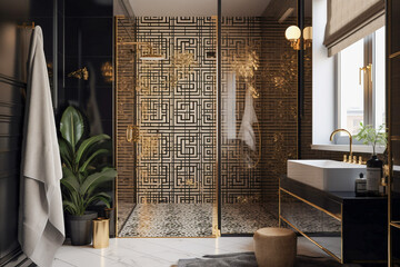Luxury bathroom in art deco style with golden, black and white colors. Super photo realistic background, generative ai illustration