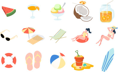 Collection of things for vacation at the beach. Leisure during Summer. Isometric accessories and outdoor activity beach items are Isolated on white background. Cute illustration in Flat Style Design.