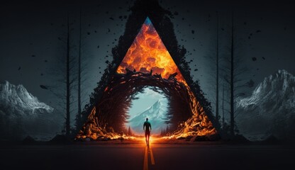 Triangular fire portal, gate on the way to another dimension. Journey through beautiful secret and dangerous worlds. Parallel dimension timeline concept. Generative AI