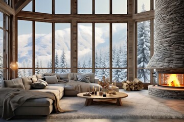 Cozy Mountain Chalet: Winter Living Room with Fireplace and Snowy View. AI