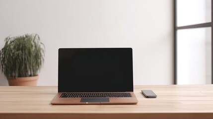 Laptop with blank screen on table workspace laptop showing blank screen background