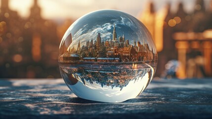 View of the big city through a glass ball, sphere. Generative AI