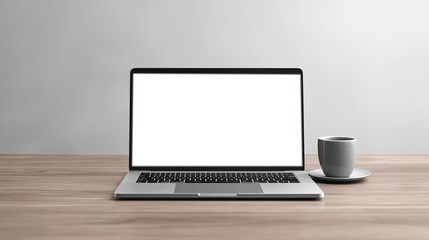 Fototapeta premium Laptop with blank screen on table workspace laptop showing blank screen background