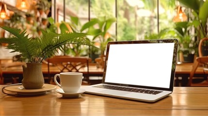Fototapeta premium Laptop with blank screen on table workspace laptop showing blank screen background