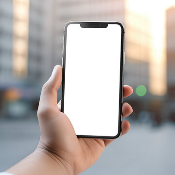 Man hand holding mockup smartphone. mobile with blank screen and can be add your text or picture. Isolated transparent png background. Generative AI