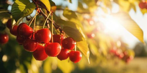 Red Cherries hanging on a cherry tree branch, red cherries on tree in cherry orchard, blurred background, copy space. Generative ai illustration