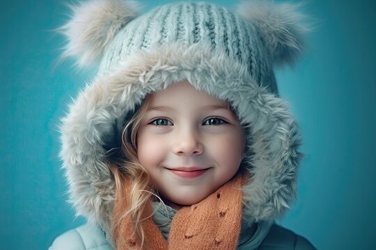 Close-up winter portrait of beautiful smile little girl. Little kid girl in blue jacket and hat playing in the snow while snow is falling. 